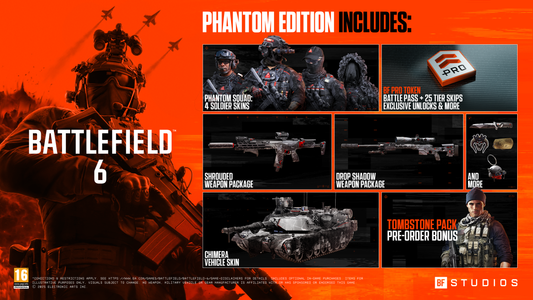 Promotional graphic for Battlefield 6 Phantom Edition with game elements and features.